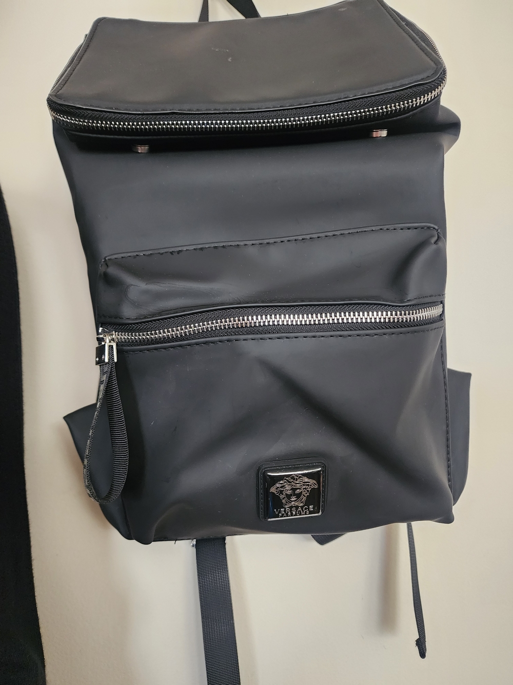 Versace Black Backpack with Silver Zippers